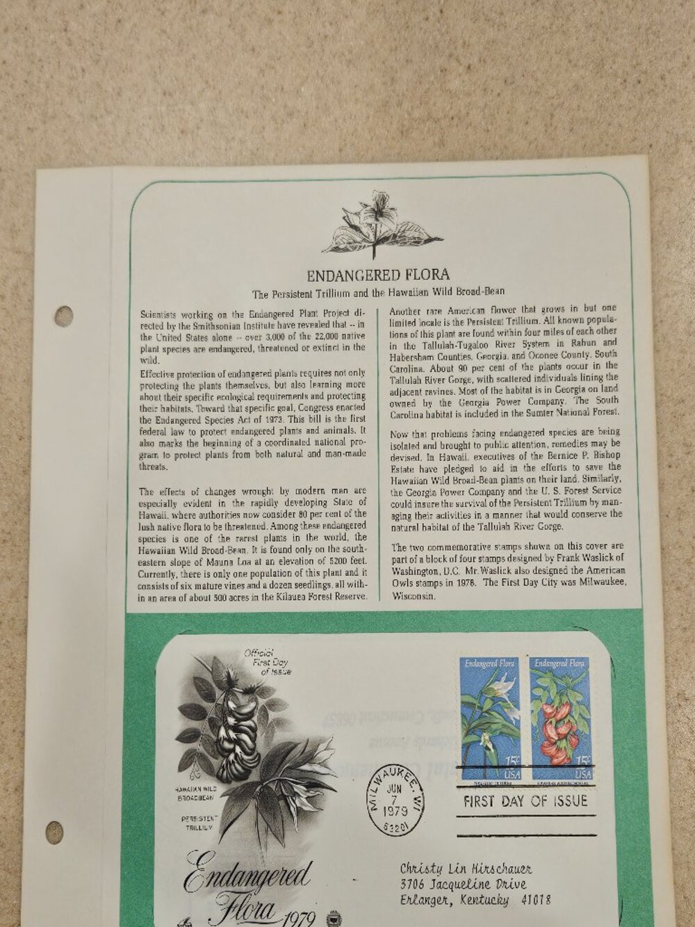 RARE COLLECTIBLE USPS 1ST DAY ISSUE COVER ENDANGERED FLORA STAMP ENVELOPE FDC